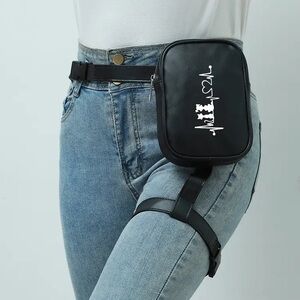 Black Leatherette Leg and Waist Bag with Graphic Print